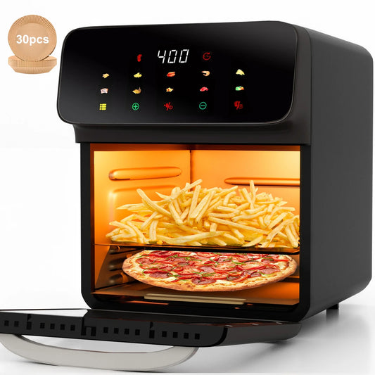 12QT Air Fryer Convection Oven with 10-in-1 Functionality, Touchscreen Control, and Visible Window in Black