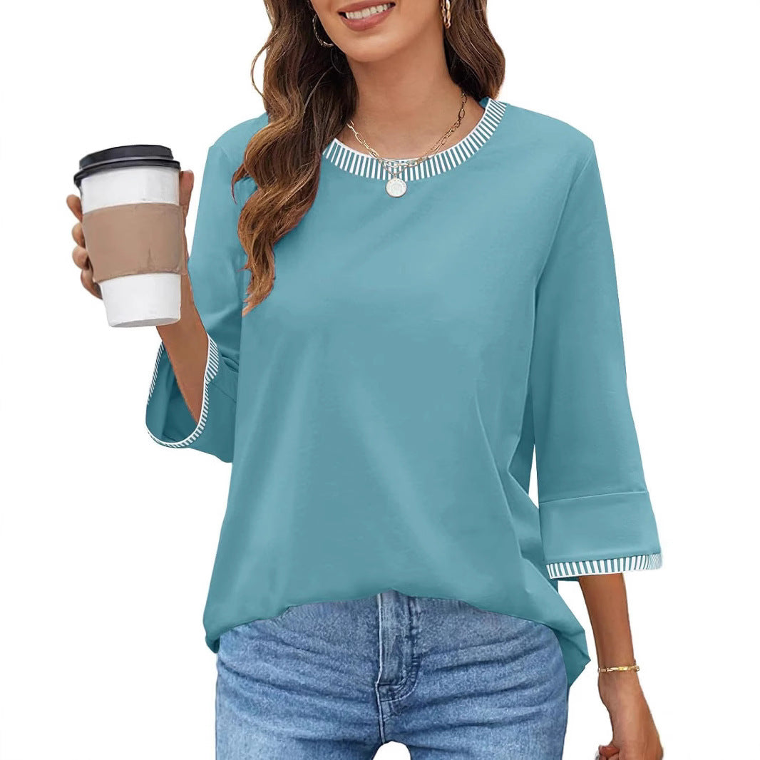 Women's Contrast Color Thread Round Neck Top Solid Color