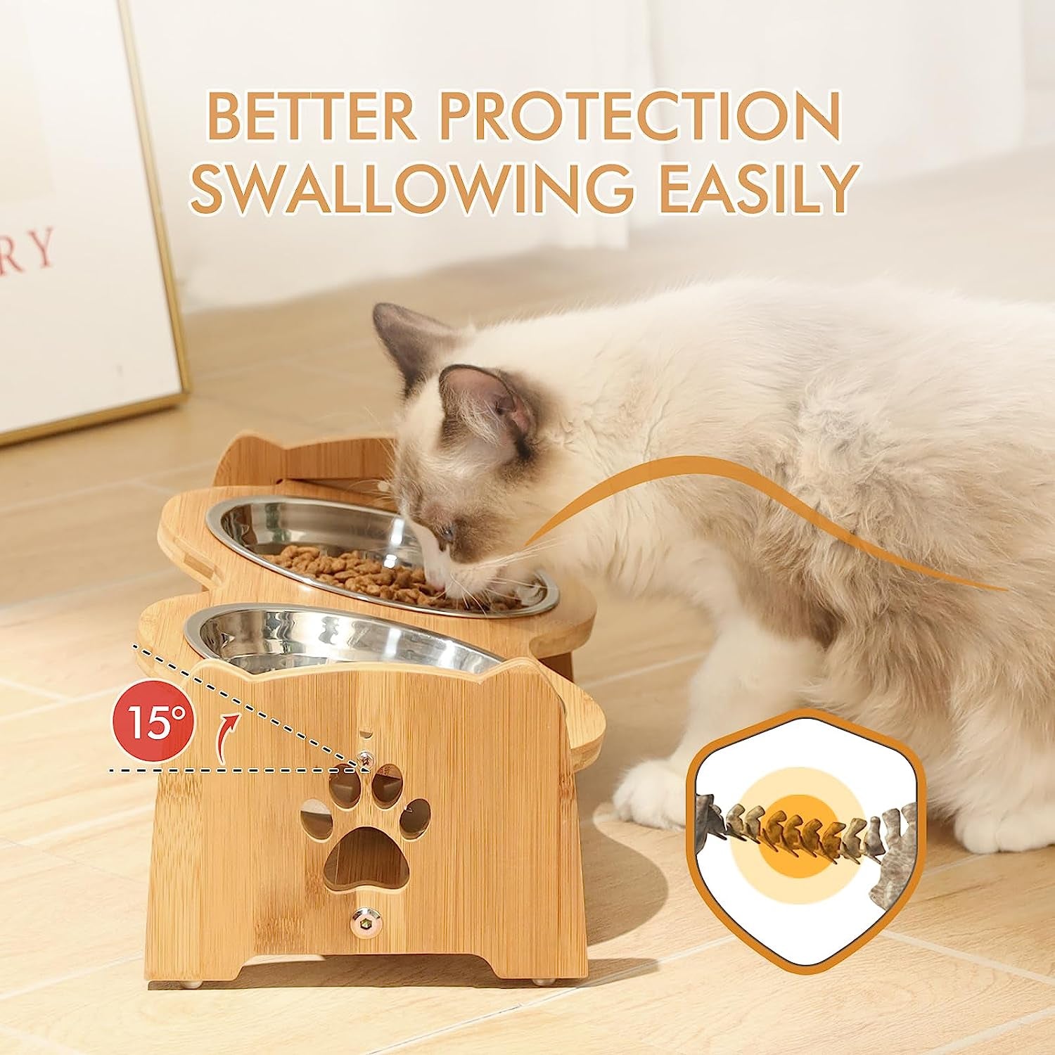 Adjustable Bamboo Elevated Dog Bowls with Anti-Slip Feet for Cats and Small Dogs, Complete Feeding Set with Two Stainless Steel Bowls (Height Adjustable 4" to 4.5")