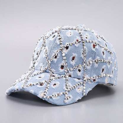 Ripped Diamond Denim Baseball Cap Leopard Rhinestone Fashion Peaked Cap