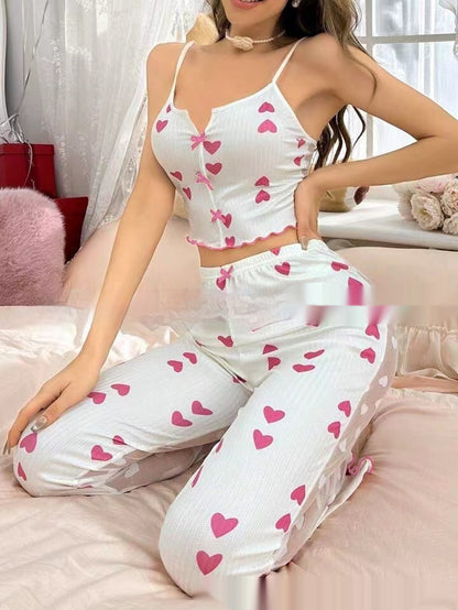 Printed Color Contrast Patchwork Pajamas Front Split Sling