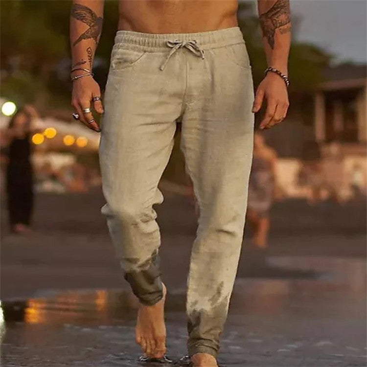 Men's Solid Color Cotton Linen Loose Beach Casual Pants