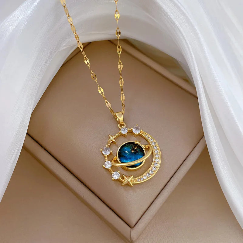 Exquisite Starry Sky Planet Light Necklace - Luxurious Stainless Steel Clavicle Chain with Stars And Moon Design for Versatile S