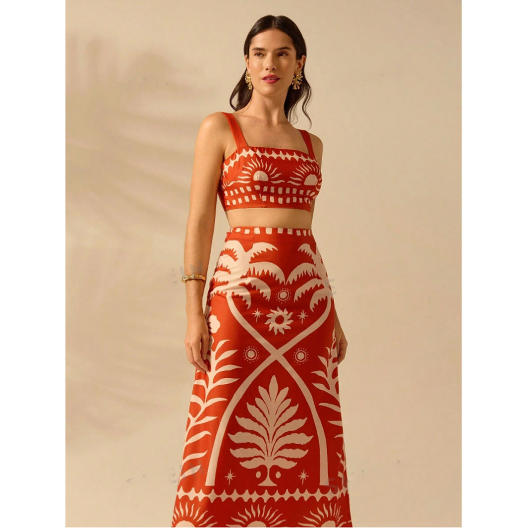 Summer Vacation Coconut Tree Printed Short Strap Top And Fit Maxi Skirt Suit