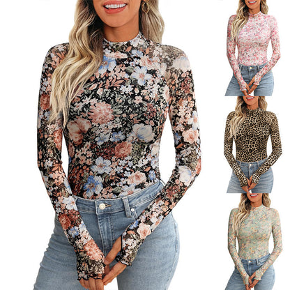 High Collar Long Sleeve Lace Floral Mesh