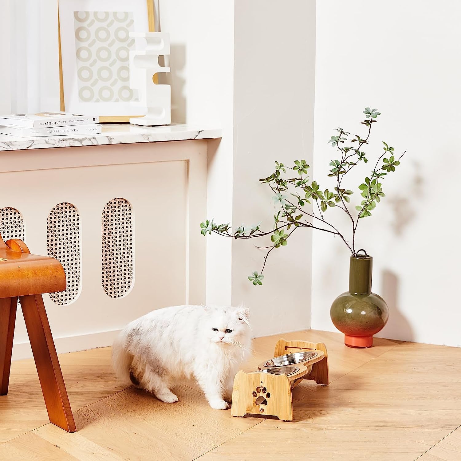 Adjustable Bamboo Elevated Dog Bowls with Anti-Slip Feet for Cats and Small Dogs, Complete Feeding Set with Two Stainless Steel Bowls (Height Adjustable 4" to 4.5")