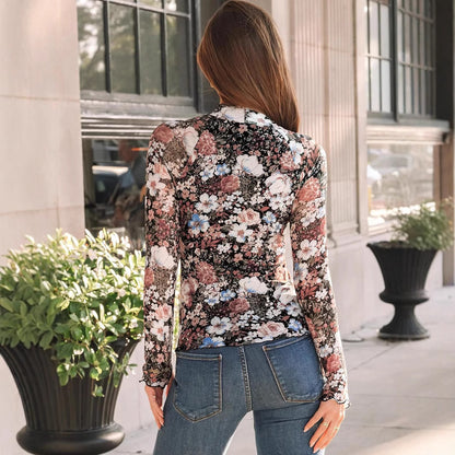 High Collar Long Sleeve Lace Floral Mesh