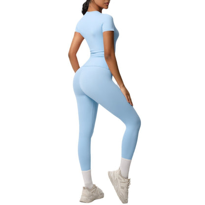European And American Sports Nude Feel Skin-friendly Solid Color Sports T-shirt Stretch Short Sleeve Yoga Pants High Waist Workout Suit Women