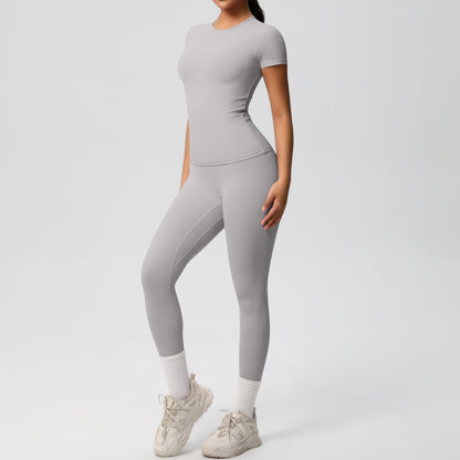 European And American Sports Nude Feel Skin-friendly Solid Color Sports T-shirt Stretch Short Sleeve Yoga Pants High Waist Workout Suit Women