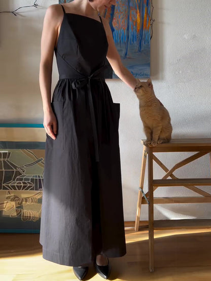 Black Cotton And Linen Side Seam Strapless Vest Dress