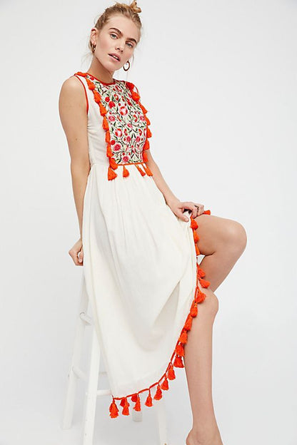 Color floral embroidery fringed tank top skirt