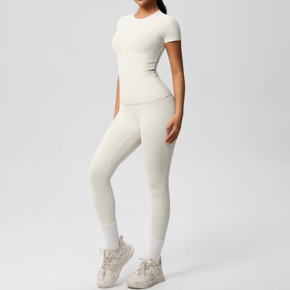 European And American Sports Nude Feel Skin-friendly Solid Color Sports T-shirt Stretch Short Sleeve Yoga Pants High Waist Workout Suit Women