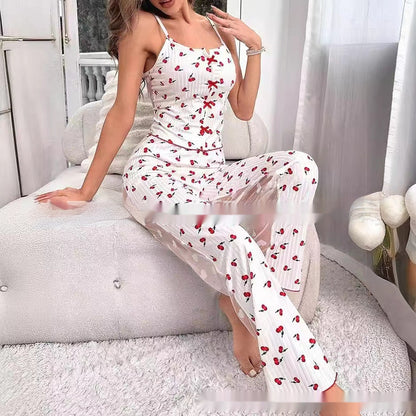 Printed Color Contrast Patchwork Pajamas Front Split Sling