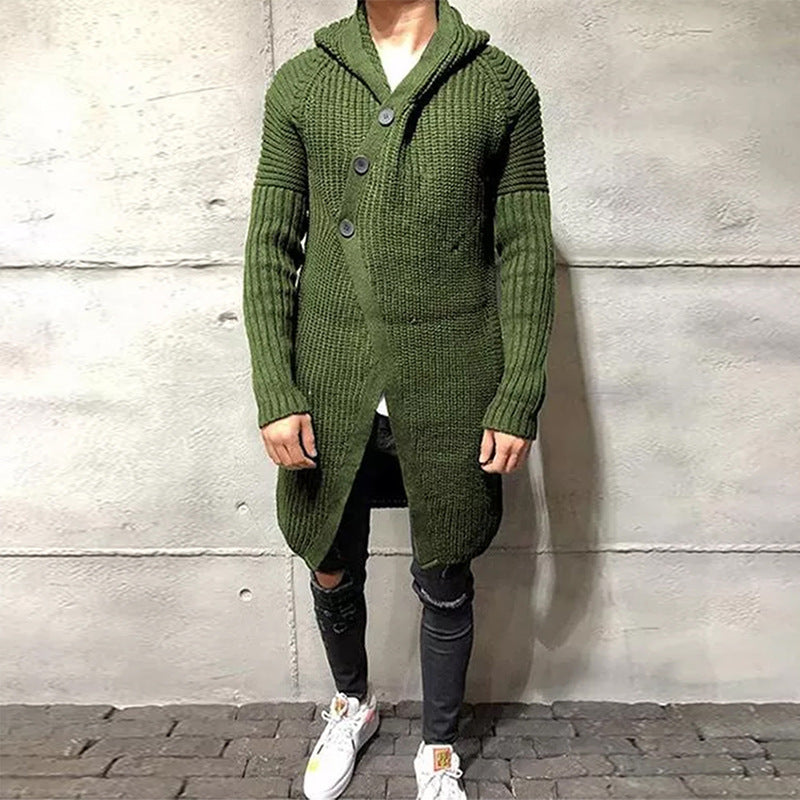 Long Knitted Hooded Sweater Coat Men Solid Color Button Casual Clothes