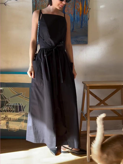 Black Cotton And Linen Side Seam Strapless Vest Dress