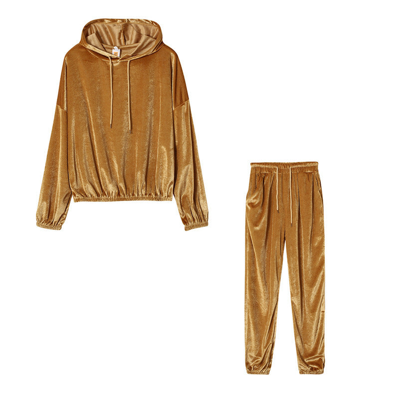 Solid Color Gold Velvet Hooded Long Sleeve Casual Suit