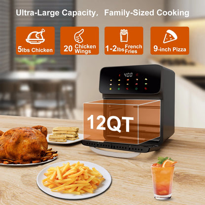 12QT Air Fryer Convection Oven with 10-in-1 Functionality, Touchscreen Control, and Visible Window in Black