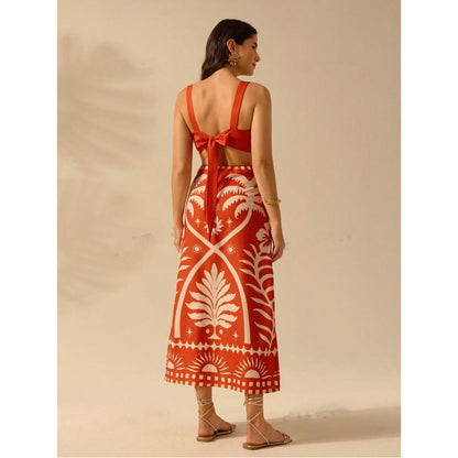 Summer Vacation Coconut Tree Printed Short Strap Top And Fit Maxi Skirt Suit