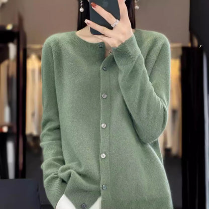 Fashion Merino Wool Cardigan Sweater Women O-Neck Long-sleeve Cashmere Knitwear Spring Autumn Female Clothing Tops