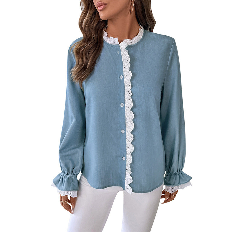 Cardigan Single-breasted Lace Collar Blue Shirt For Women