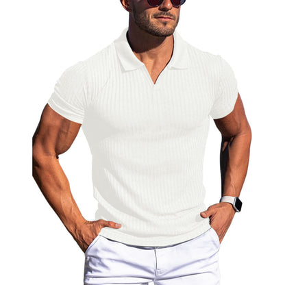 Polo Shirt Lapel V-neck Vertical Striped Short Sleeve Men's T-shirt