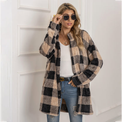 Colorblock Plaid Fleece Jacket Fashion Single Breasted Long Jacket Women's Clothing