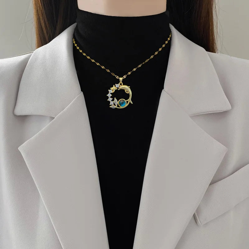 Exquisite Starry Sky Planet Light Necklace - Luxurious Stainless Steel Clavicle Chain with Stars And Moon Design for Versatile S