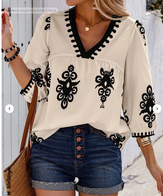 Holidaya Random Print V-Neck Casual Vacation Shirt For Women