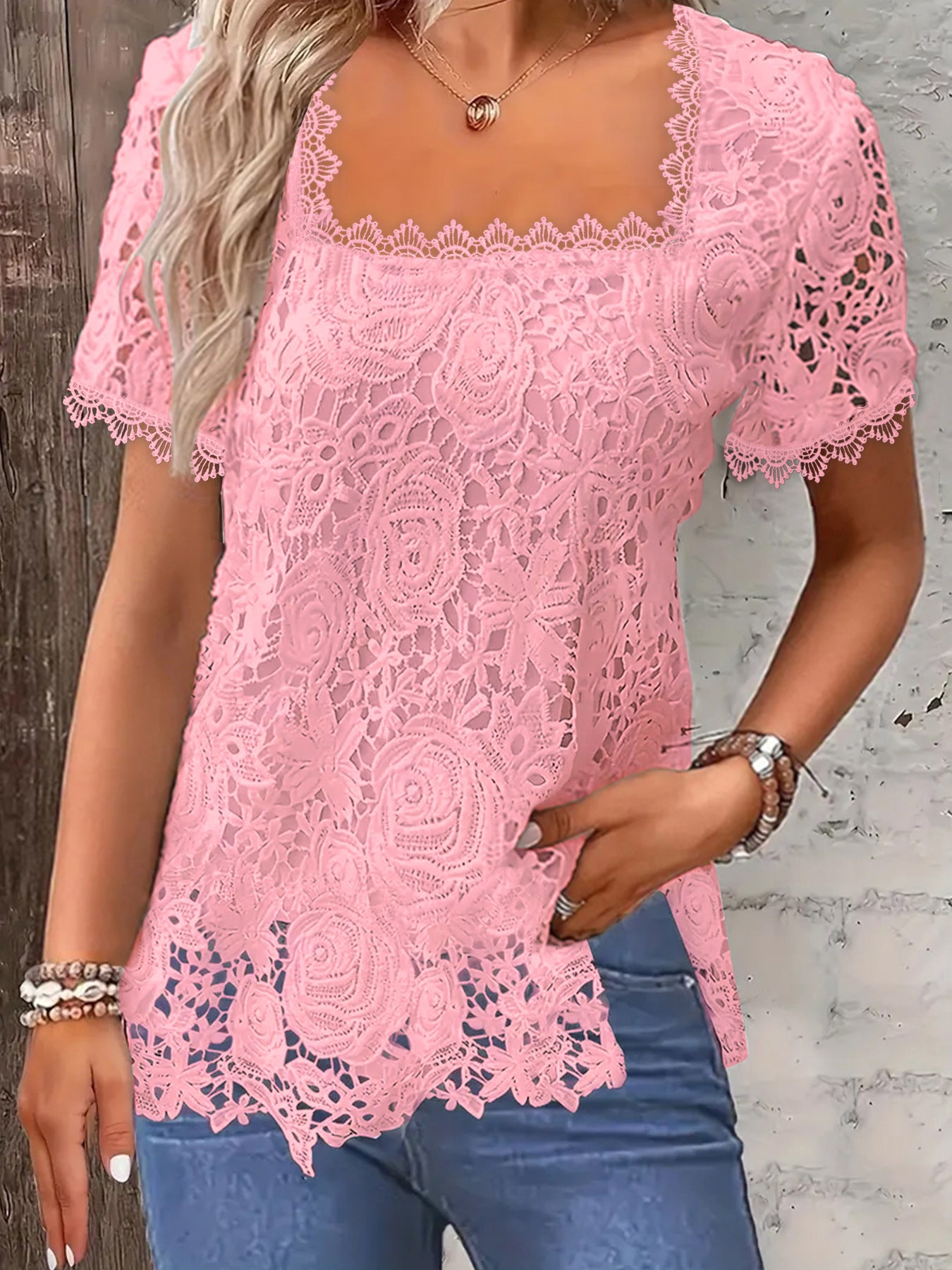 European And American Fashion Women's Wear Short-sleeved Lace Top Solid Color T-shirt