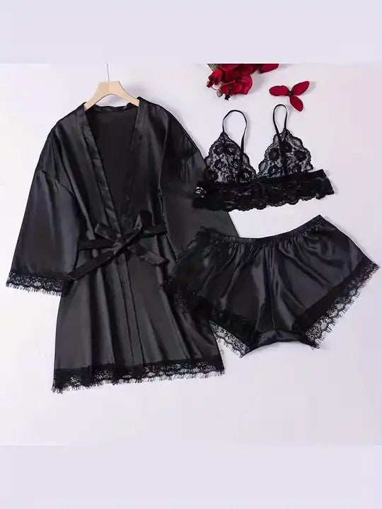 Women's Pajamas 3-piece Set Lace Chest Wrap Suspenders