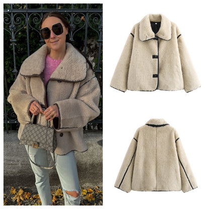 Large Lapel Fur Integrated Long Sleeve Plush Coat