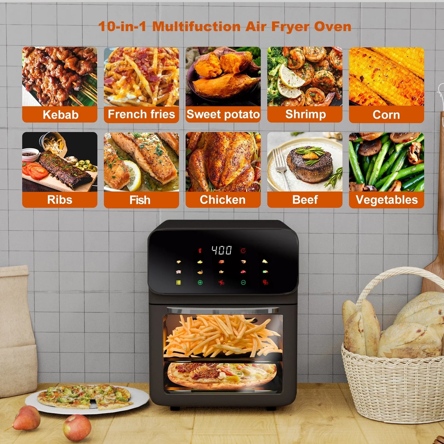 12QT Air Fryer Convection Oven with 10-in-1 Functionality, Touchscreen Control, and Visible Window in Black