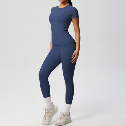 European And American Sports Nude Feel Skin-friendly Solid Color Sports T-shirt Stretch Short Sleeve Yoga Pants High Waist Workout Suit Women