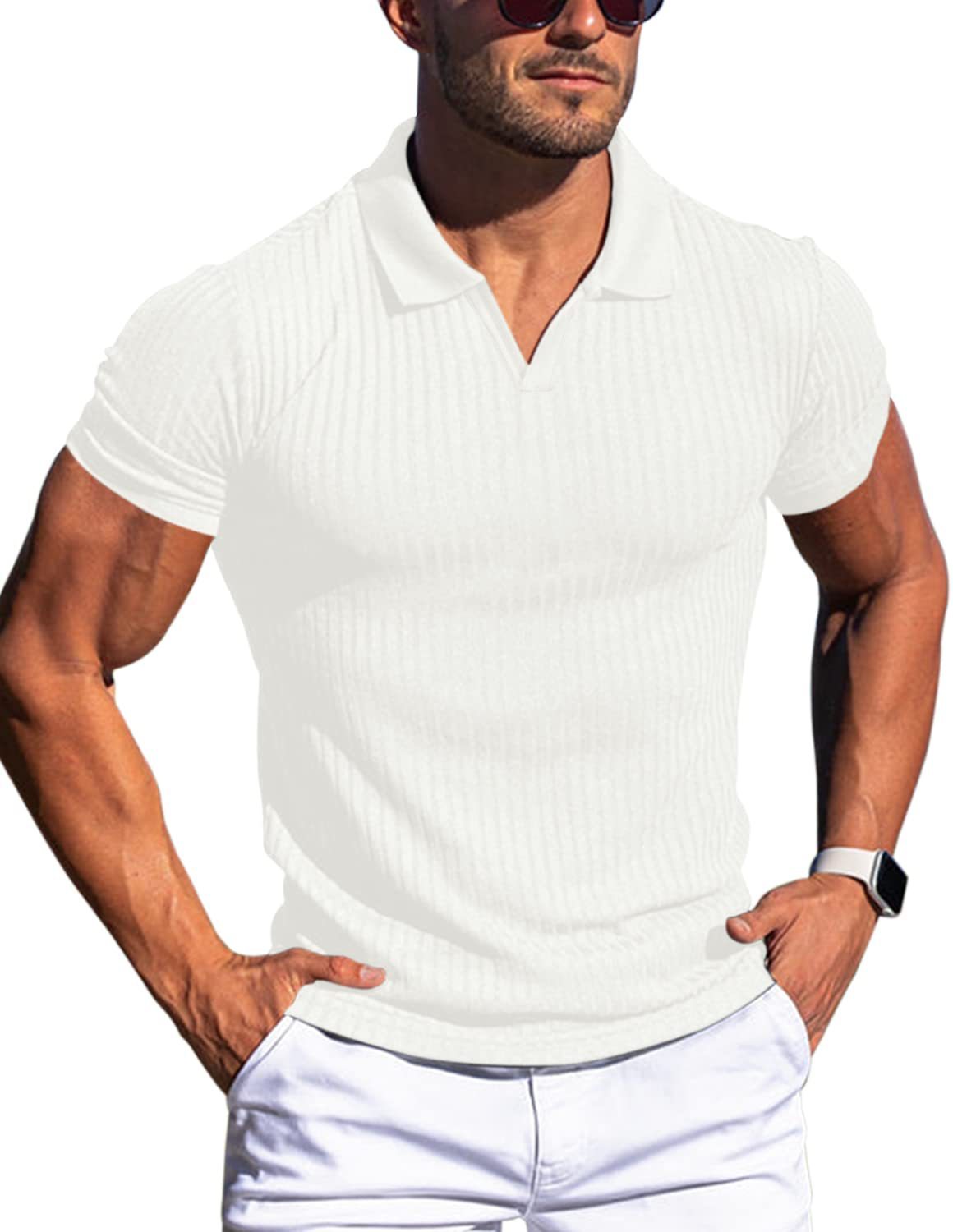 Polo Shirt Lapel V-neck Vertical Striped Short Sleeve Men's T-shirt