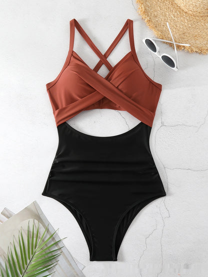 Sexy Cutout Cross Color Matching Swimsuit