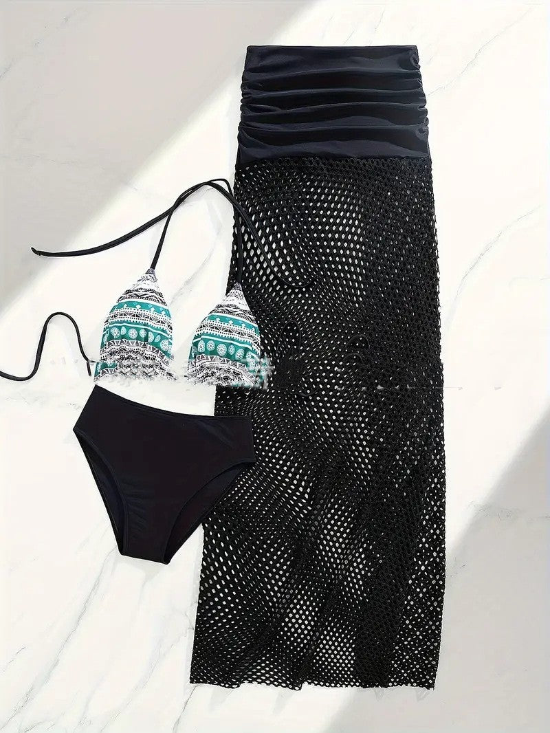 European And American Sexy Bikini Fishnet Long Skirt Three-piece Set For Women