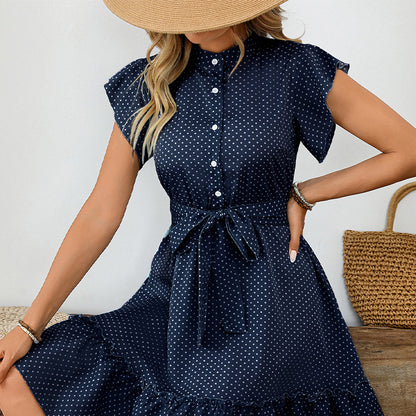 Summer elegant wave point lotus leaf sleeves A-line skirt with lace up mid skirt
