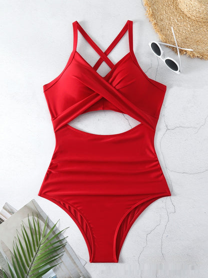 Sexy Cutout Cross Color Matching Swimsuit