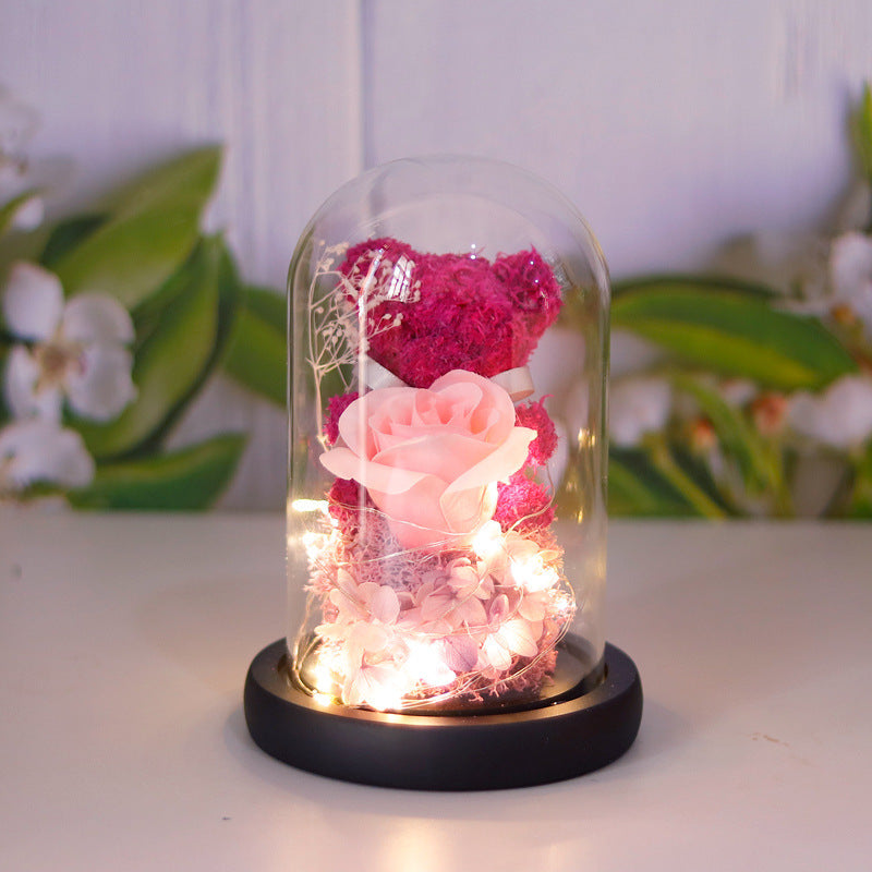 Valentine's Day Gift For Girlfriend Eternal Preserved Rose Flower Gift Box Teddy Bear Eternal Flower With Lights Gift For Women Home Decor