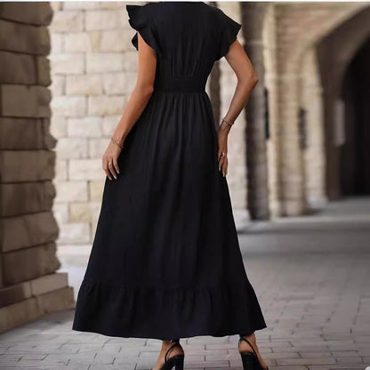 V-neck Ruffled Sleeve Solid Color Dress Leisure Vacation A- Line Skirt