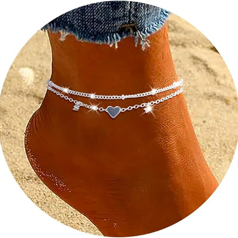 Fashion Heart-shaped Zircon Anklet Women's Waterproof Simple Heart-shaped