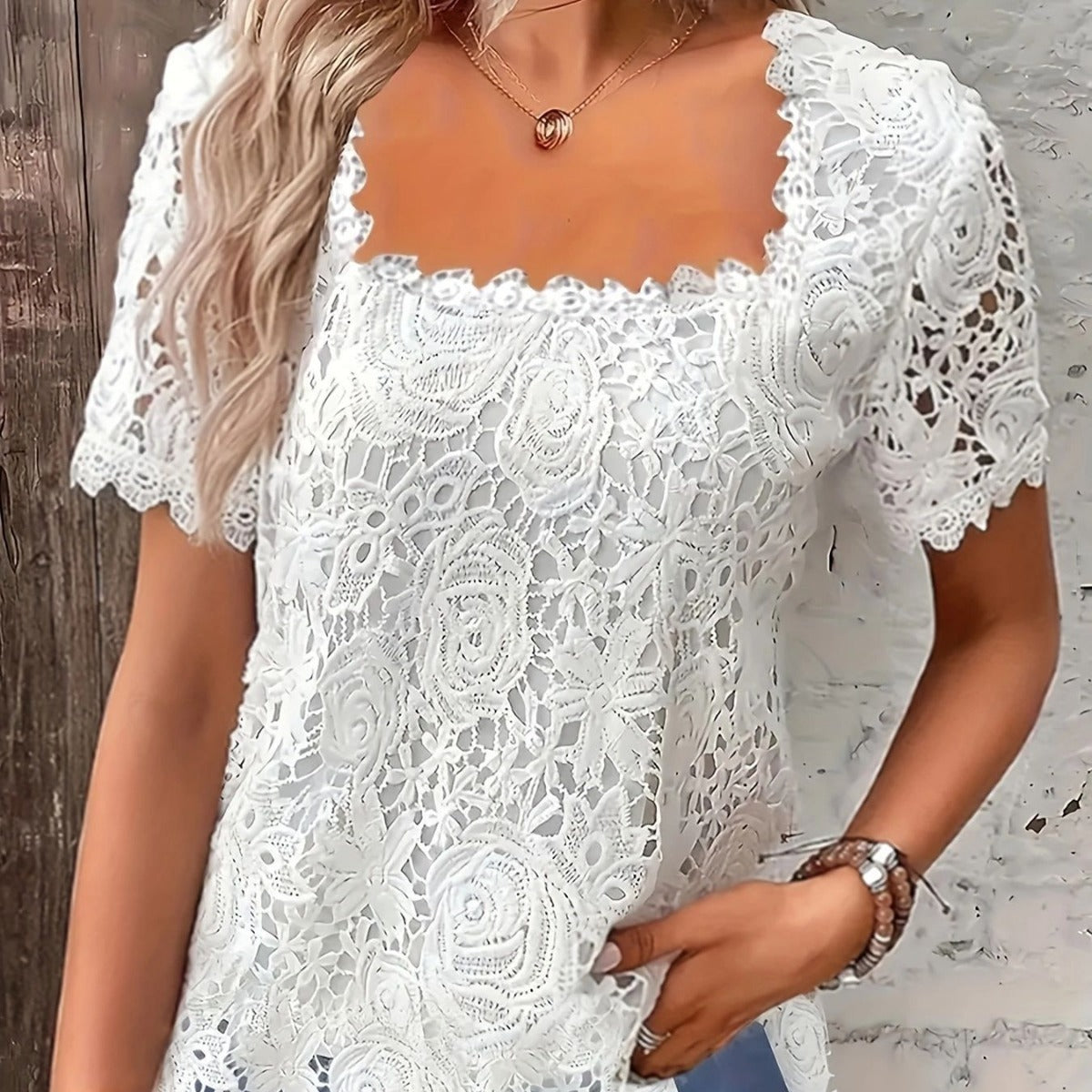 European And American Fashion Women's Wear Short-sleeved Lace Top Solid Color T-shirt