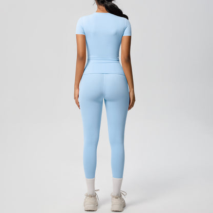 European And American Sports Nude Feel Skin-friendly Solid Color Sports T-shirt Stretch Short Sleeve Yoga Pants High Waist Workout Suit Women