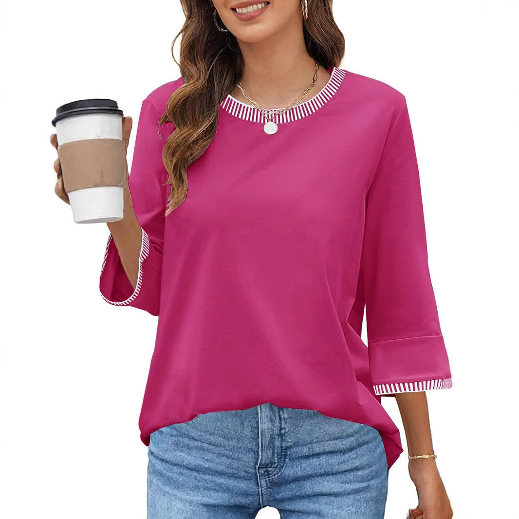 Women's Contrast Color Thread Round Neck Top Solid Color