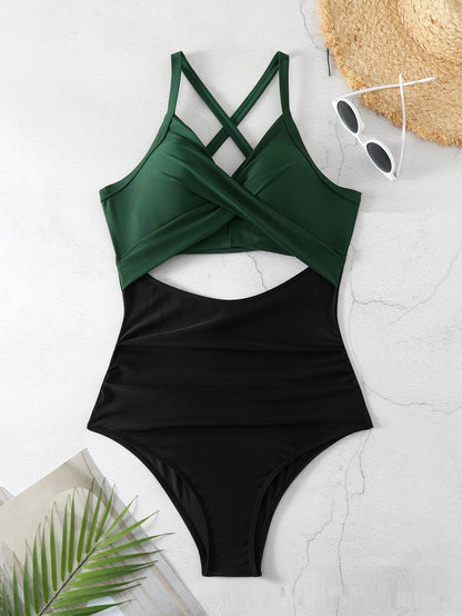 Sexy Cutout Cross Color Matching Swimsuit