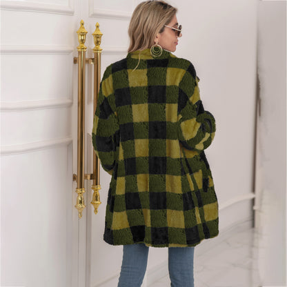 Colorblock Plaid Fleece Jacket Fashion Single Breasted Long Jacket Women's Clothing