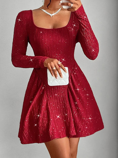 Long sleeved square neck dress sexy dress solid color autumn