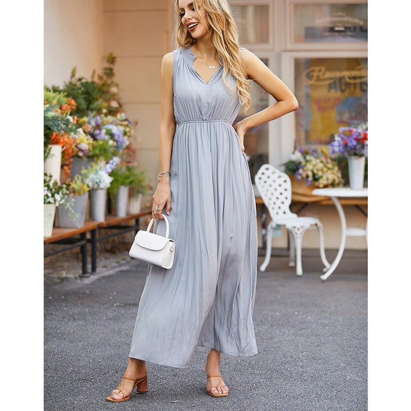 V-neck sleeveless vest dress women's high waisted elegant gray long skirt