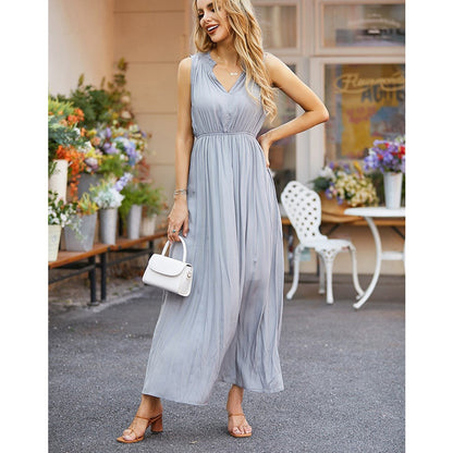 V-neck sleeveless vest dress women's high waisted elegant gray long skirt