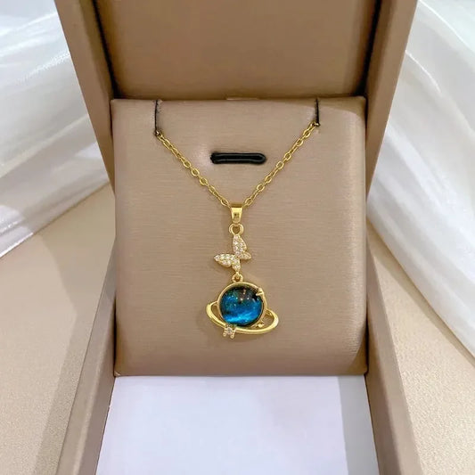 Exquisite Starry Sky Planet Light Necklace - Luxurious Stainless Steel Clavicle Chain with Stars And Moon Design for Versatile S
